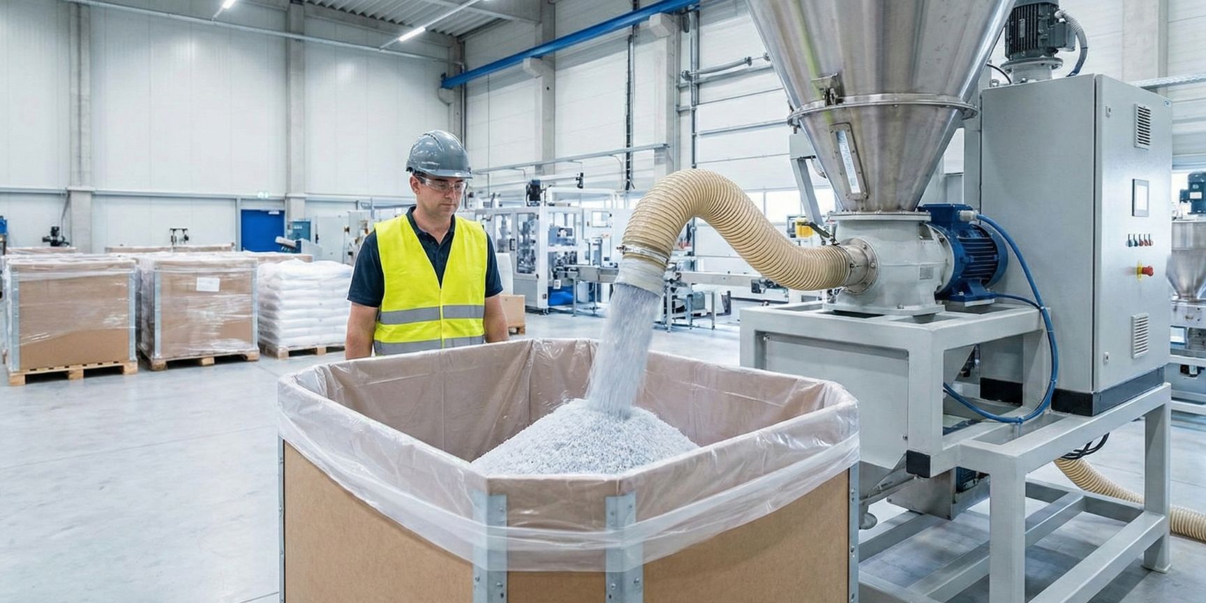 Industrieller Abfüllprozess, bei dem ein großer Oktabin mit Inliner über einen Schlauch mit Kunststoffgranulat befüllt wird. Ein Logistikmitarbeiter überwacht den Vorgang in einer Produktionshalle